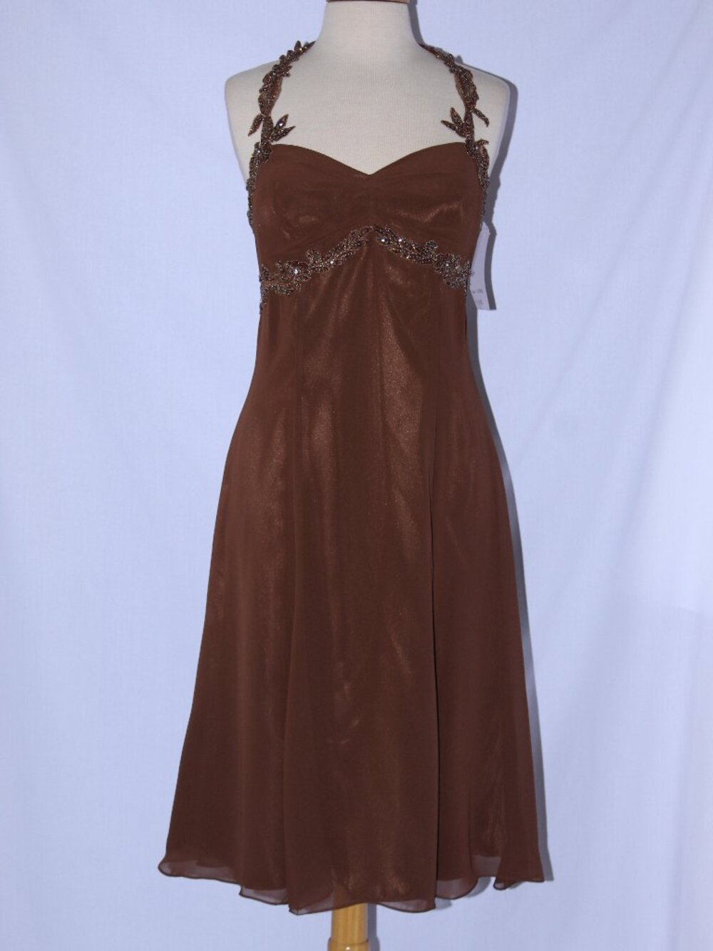 Poly USA #5535 Short Chiffon Bridesmaid Halter Dress-Size 2X- BROWN - NWT